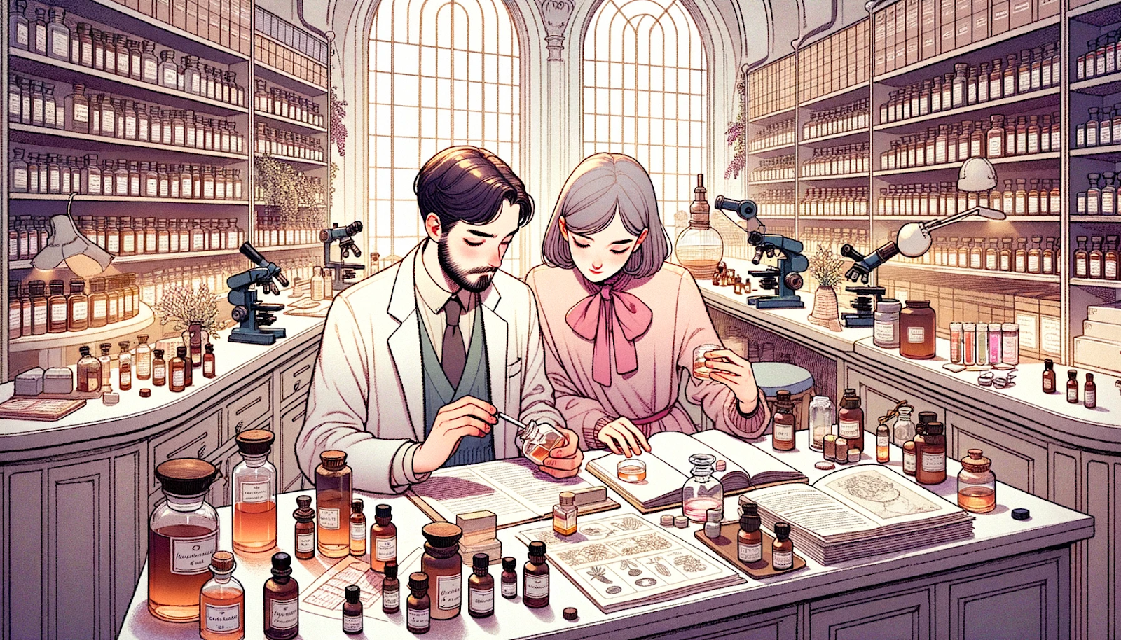 Illustration of Amelie and Julien working together in the transformed perfumery. The room is filled with research papers, ingredients, and scent samples. They are deeply engrossed in their work, with Julien holding a vial and Amelie noting down observations. The atmosphere is one of collaboration and discovery.