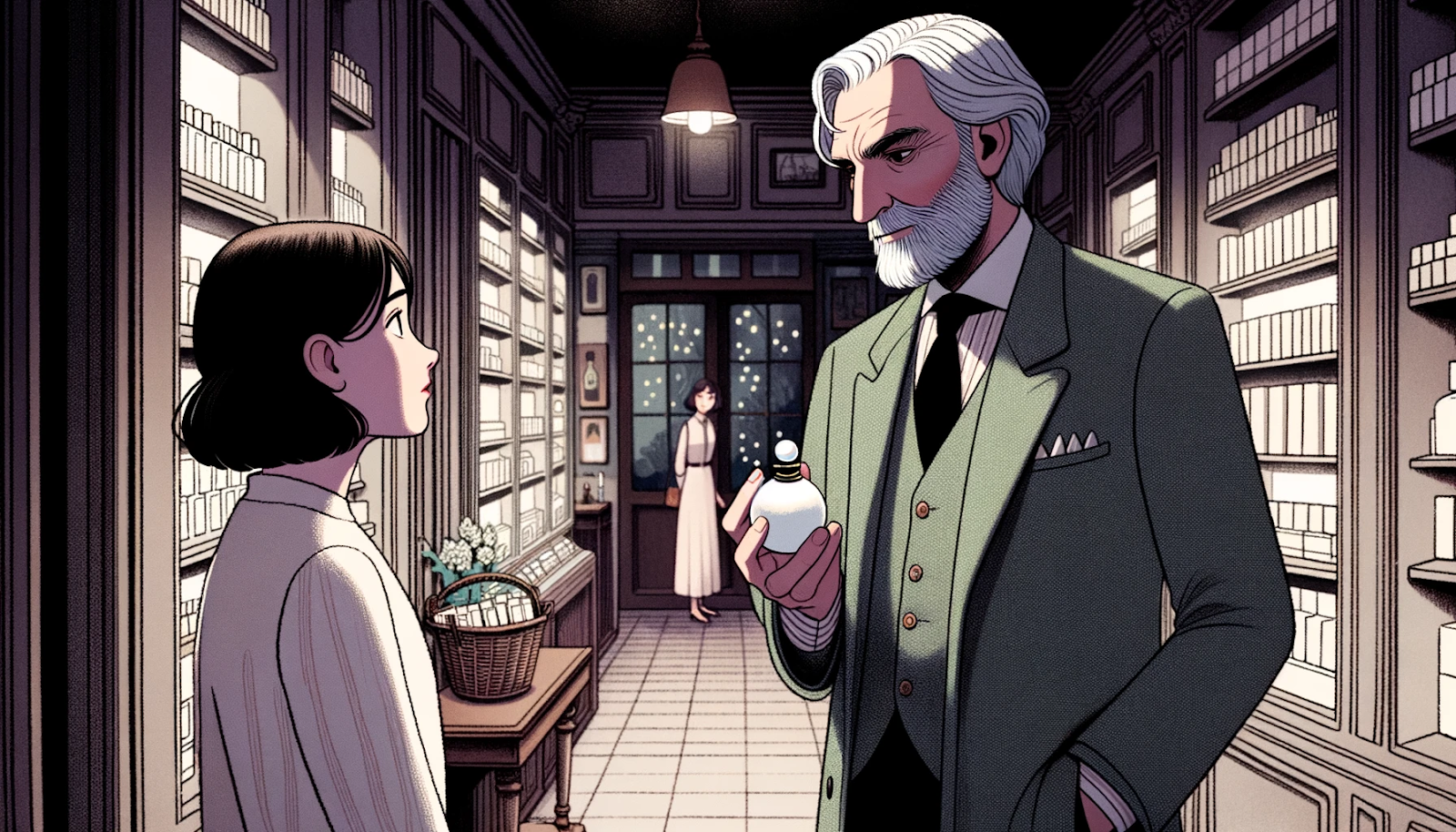 Illustration of Laurent, a tall man with silvering temples, standing at the entrance of the perfumery. He is looking towards Claire, who is still holding the pearly white bottle. Amelie watches him with a mix of recognition and curiosity. The shop is dimly lit, creating a mysterious atmosphere.