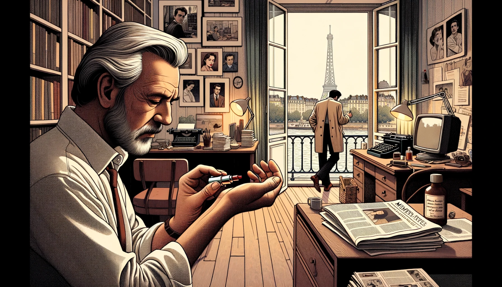 Illustration of Laurent in his apartment overlooking the Seine. He's applying a dab of 'Mémoires Perdues' on his wrist, with a cluttered newsroom and a younger version of himself visible in the background. The scene is tinged with nostalgia, and distant images of Lucie, his first love, add to the sentimentality.