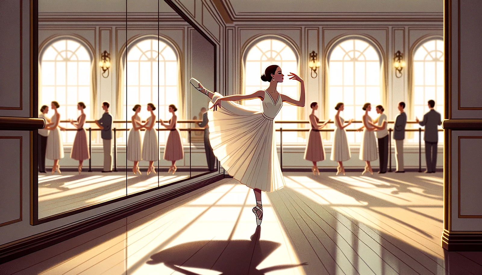 Illustration of Elena in her spacious dance studio. Mirrors around her reflect a younger Elena dancing with passion. The room is bathed in a soft golden glow, emphasizing her graceful movements. Shadows hint at spectators watching her, their expressions a mix of admiration and pity.