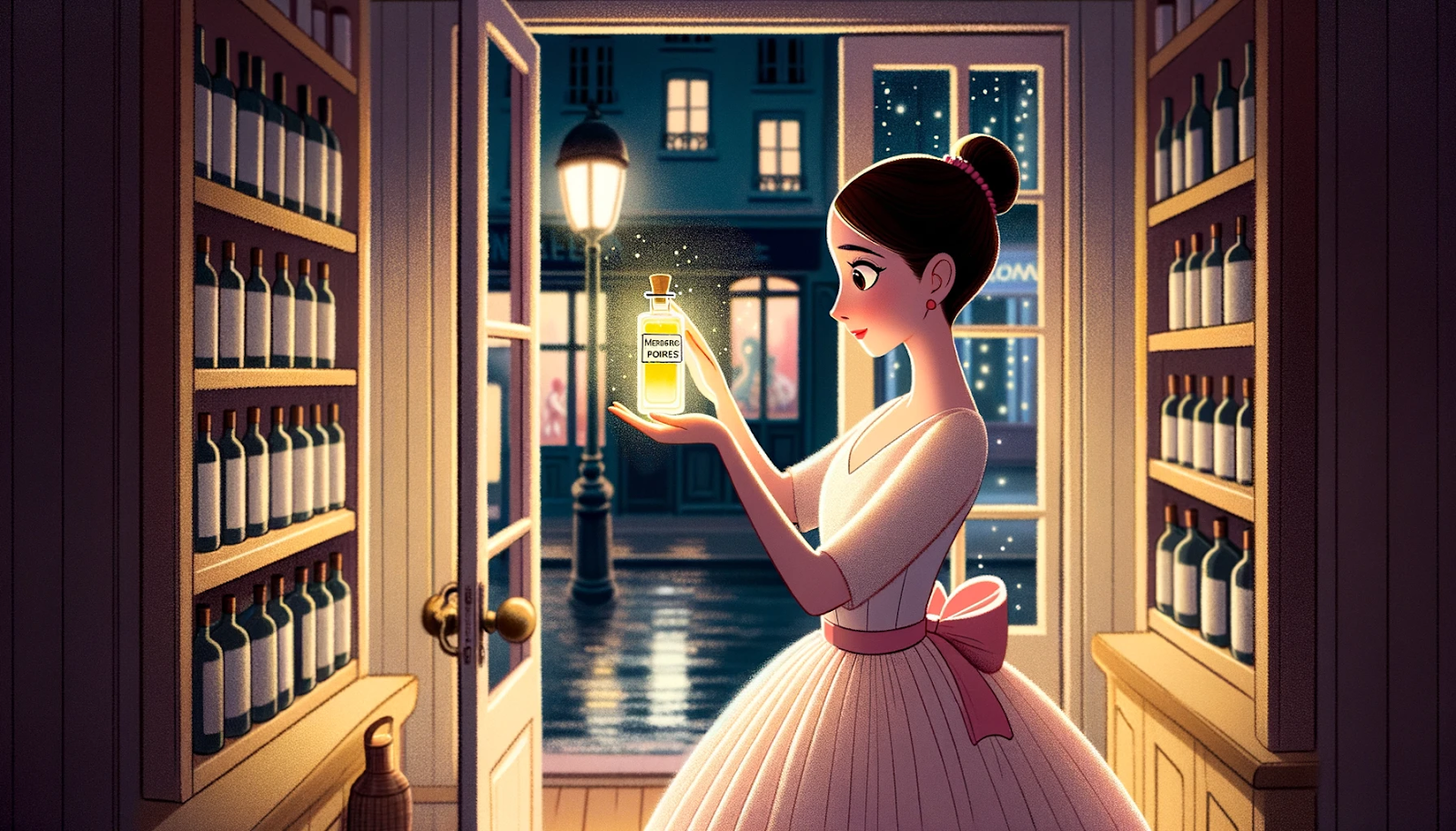 Illustration of Elena, an elegant ballerina, entering Amelie's shop. Her eyes are drawn to the glowing bottle of 'Mémoires Perdues'. The room is illuminated by the soft glow of streetlights from outside. There's a sense of wonder and anticipation in the air.