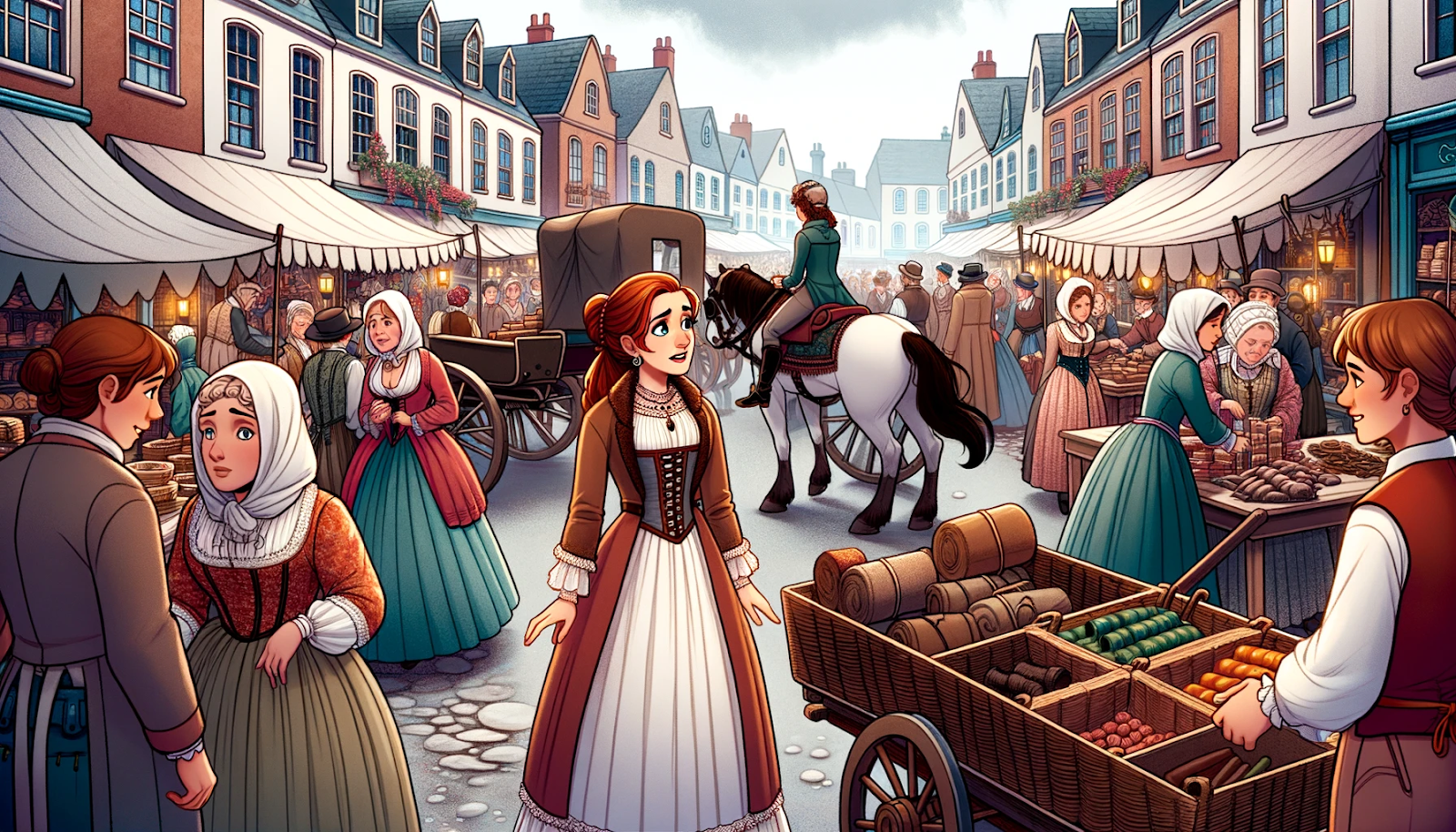 Illustration of Jenna standing in a bustling historical marketplace. Horse-drawn carts, stalls selling various goods, and people dressed in period attire fill the scene. Women wear corsets, and men don waistcoats. In the crowd, Jenna spots her great-great-grandmother, Anna, who is engaged in a lively barter with a merchant. Jenna looks both amazed and confused by her surroundings.