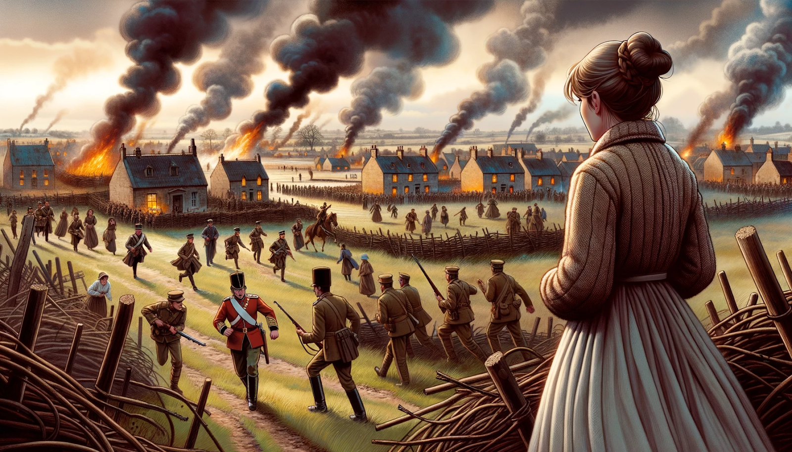 Illustration of Jenna standing on the outskirts of a war-torn village from a bygone era. Smoke rises from distant fires, and soldiers in old-fashioned uniforms rush about. In the midst of the chaos, Jenna recognizes a commanding soldier as her great-grandfather, James. They converse amidst the turmoil, and she watches him lead with determination and strength.