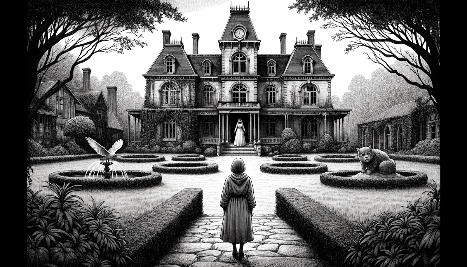 Illustration of Jenna standing before an imposing, yet neglected mansion. The sprawling estate gives off an aura of melancholy. The gardens are overgrown, and the entire setting feels eerie. Emerging from the mansion's entrance is Isabelle, the mysterious woman from the old photograph. They exchange a look of recognition, both holding a sense of sorrow and understanding.