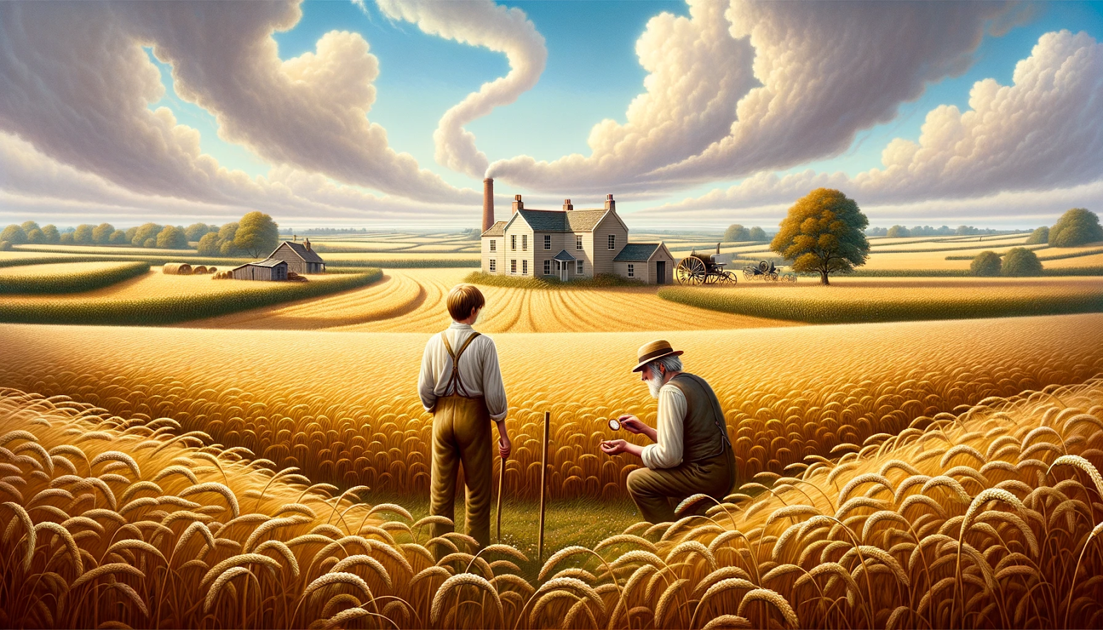 Illustration of a vast farmland under a clear blue sky. The golden crops sway gently with the breeze. In the distance, a humble cottage stands, with smoke spiraling from its chimney. Jenna approaches the cottage and meets Thomas, a middle-aged man diligently tilling the land. They converse, with the pocket watch prominently displayed between them, symbolizing the bond of family and resilience.