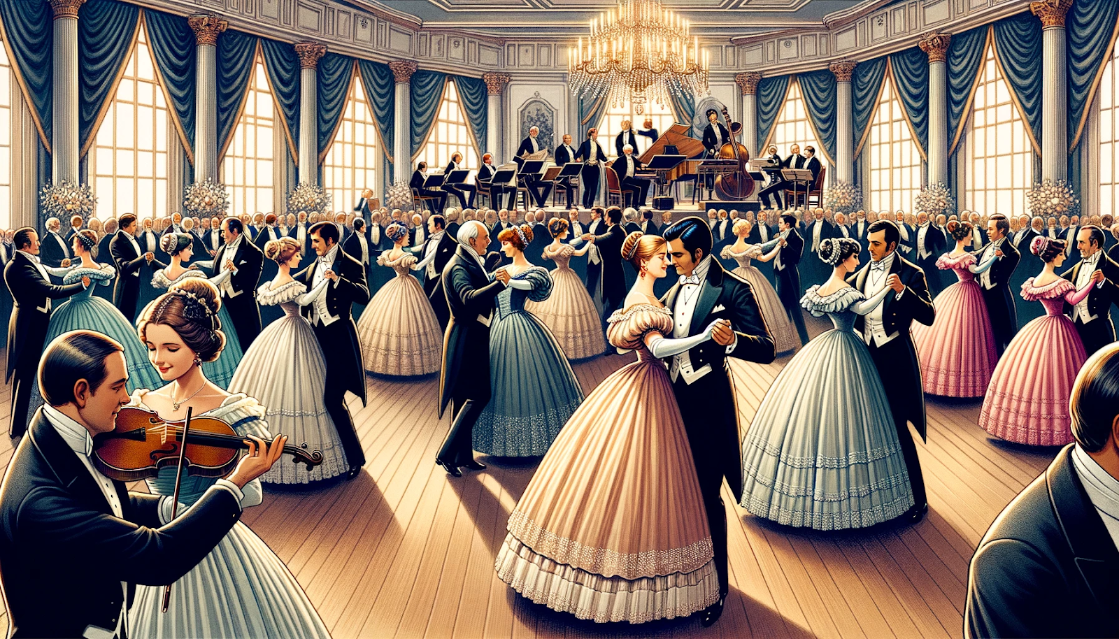 Illustration of a grand ballroom scene from a bygone era. Men in tailored suits and women in elegant ball gowns waltz gracefully on the dance floor. A live orchestra plays a melodious tune in the background. In the midst of the dancers, Jenna, dressed in a period-appropriate gown, observes her great-grandmother, Elizabeth, and her partner, Robert, dancing with undeniable chemistry.