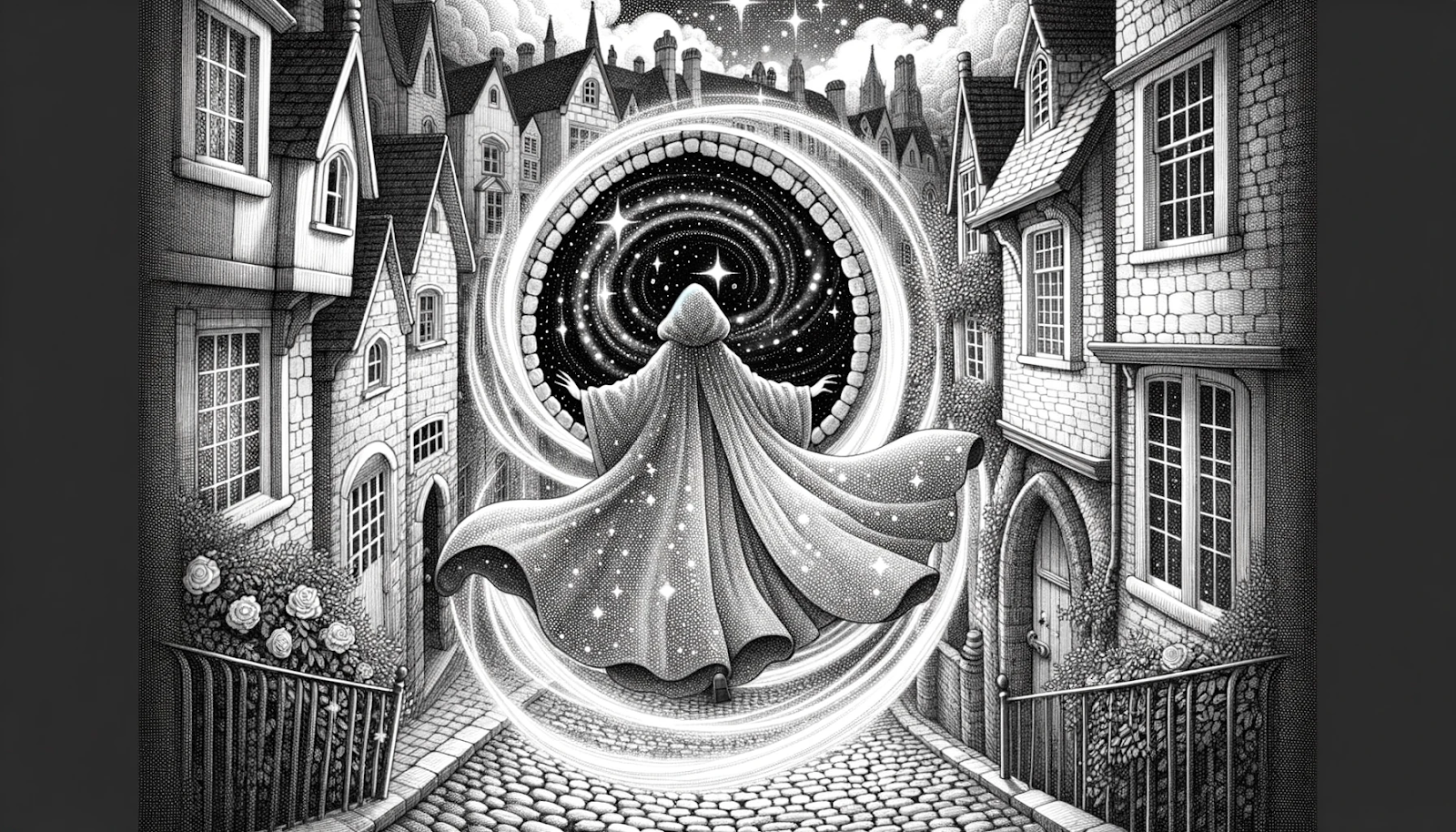 Illustration of Seraphine, donning a cloak shimmering with starlight, stepping through a swirling portal. She emerges in a quaint cobblestone alley of a sleeping town. The details of the town are evident with a distant hum of cars, a soft breeze rustling leaves, and the gentle fragrance of blooming roses. The sky above is dotted with stars, and the silhouettes of old buildings frame the scene.