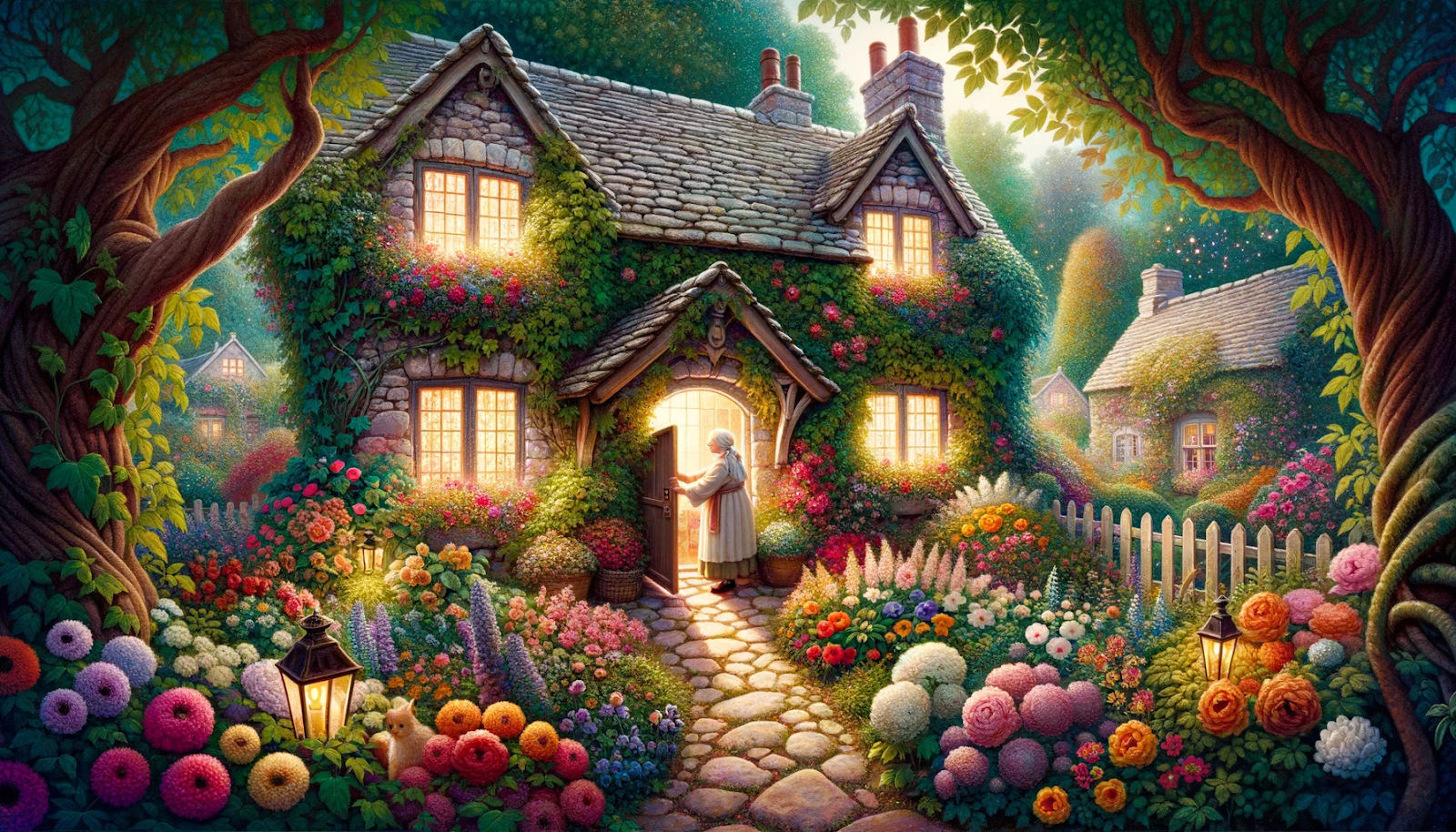 Illustration of a cozy, old-fashioned cottage surrounded by a vibrant garden filled with flowers of every hue. Ivy tendrils wrap around the stone walls, and the soft light from inside spills out. The door stands ajar, and Mrs. Everly, an elderly woman with wise eyes and a gentle demeanor, greets Seraphine and Leo. The garden path is illuminated by lanterns casting a warm glow.