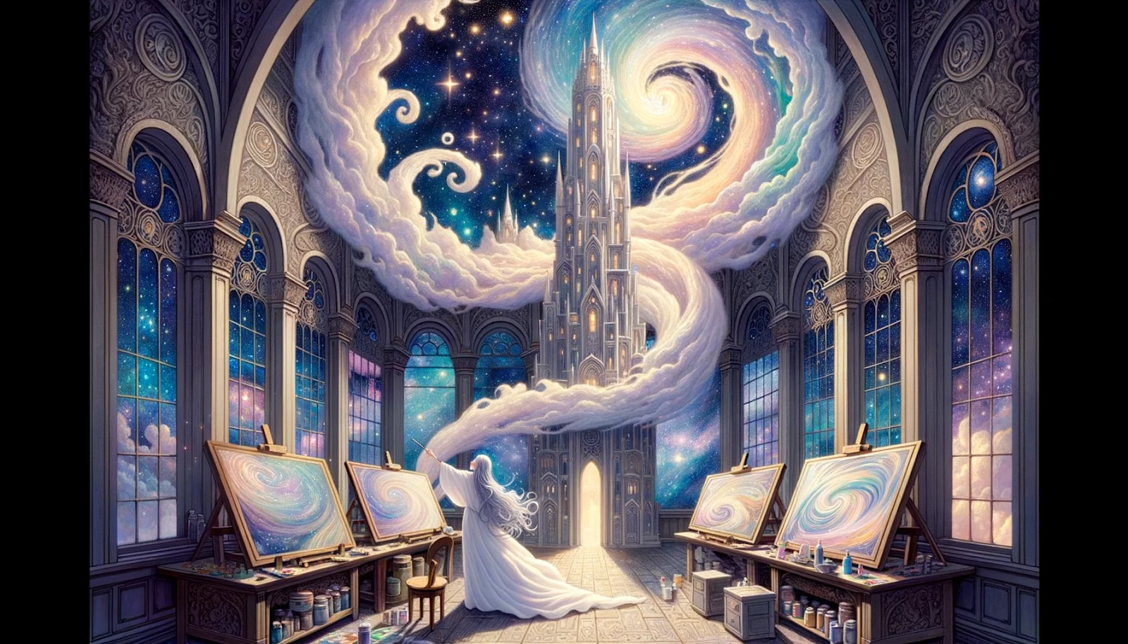 Illustration of a tall, ornate tower set against a backdrop of twinkling stars and nebulous clouds. Inside the tower is Seraphine's expansive studio, filled with shifting canvases. Seraphine, with flowing silver hair and ethereal robes, is meticulously painting on one canvas. An array of swirling colors envelops the room, casting a soft, magical glow.
