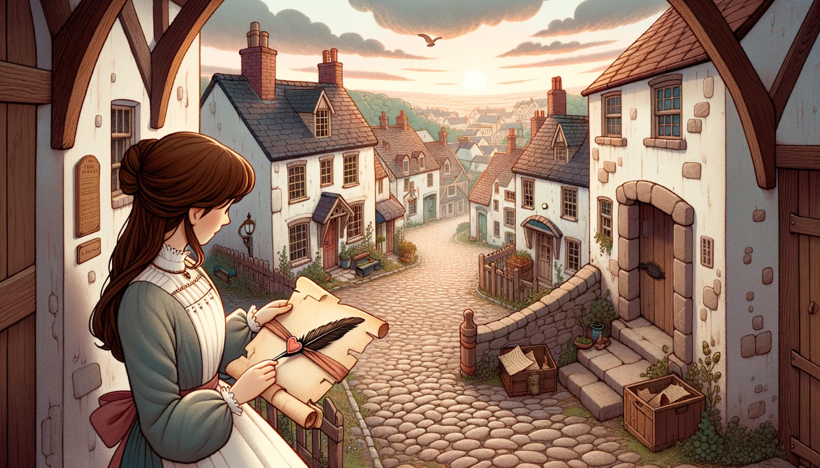 Illustration of a quaint town with cobblestone streets winding around old buildings and forgotten alleyways. Erin, a young woman with brown hair, stands outside her home, holding a worn parchment with a feathered quill and heart seal. The setting sun casts a warm glow on the scene.