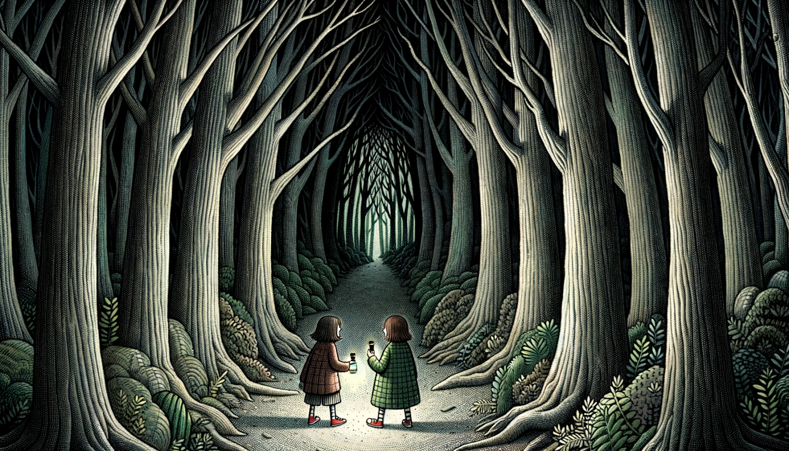 Illustration of a dense, dark forest known as the Whispering Woods. Erin and her friend Mia, both holding small flashlights, stand at the entrance, looking into the eerily inviting pathway. Tall trees huddle together, and the occasional whisper floats through the trees.