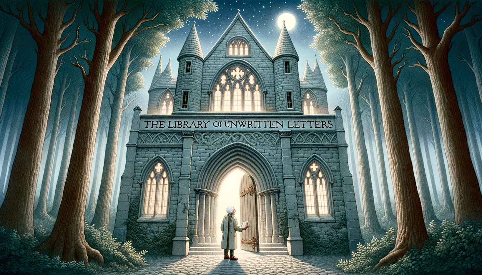 Illustration of a grand building made of ancient stone, illuminated by soft moonlight in a forest clearing. Above the entrance archway, the words 'The Library of Unwritten Letters' are engraved. An elderly man, Alistair, with white hair and wise eyes, stands by the doorway, greeting Erin and Mia.