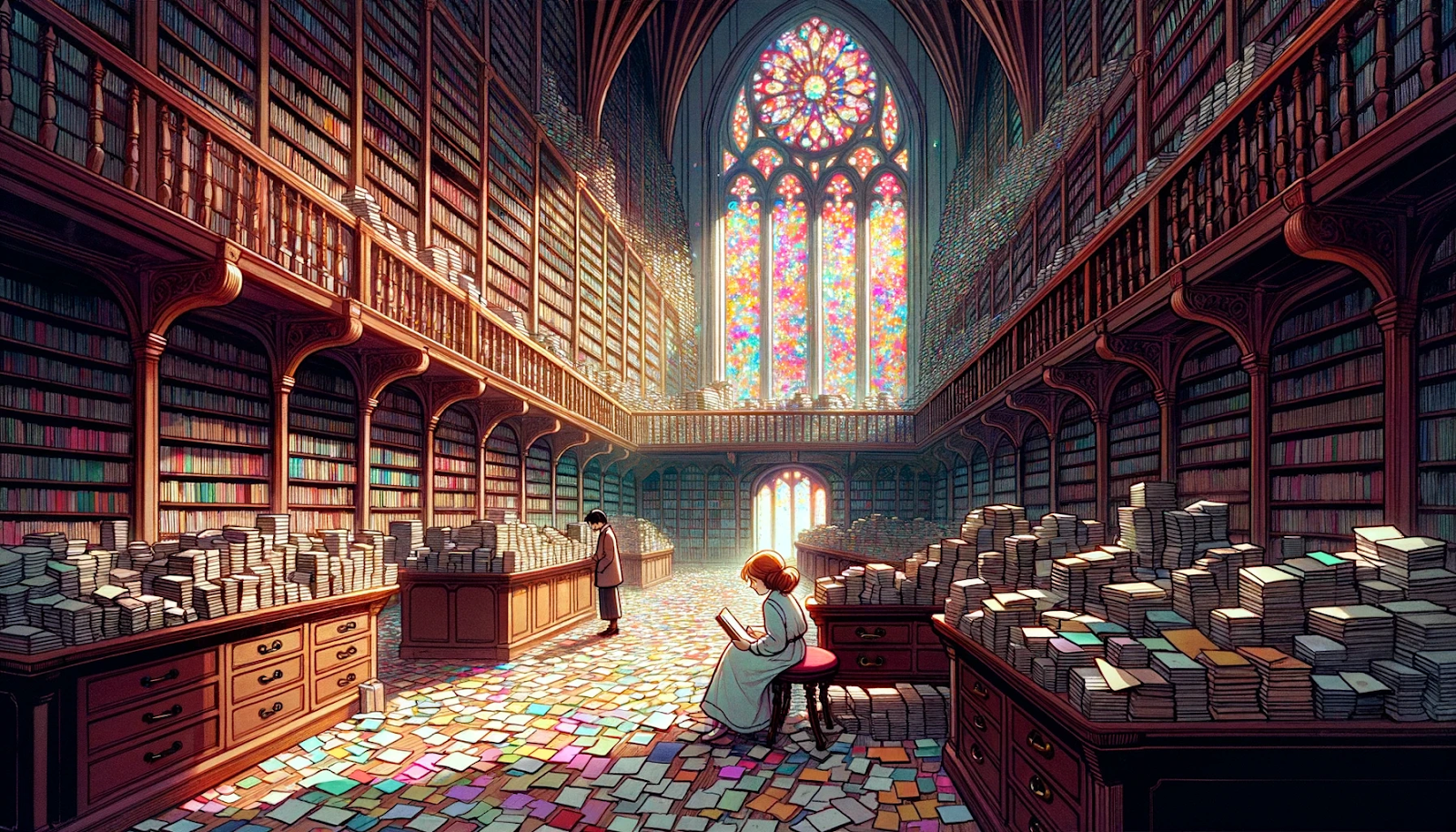 Illustration of the vast interior of the Library of Unwritten Letters. Erin sits near a stained-glass window, the colorful light from it painting the floor. Letters are piled high on mahogany tables and fill countless shelves. Mia, with a few letters in her hand, approaches Erin, showing concern.
